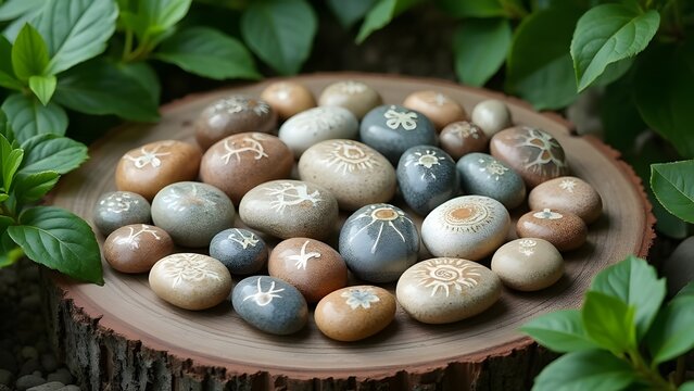 A set of engraved or painted pebbles arranged in a circle on a wooden base, with green leaves gently overlapping the edges