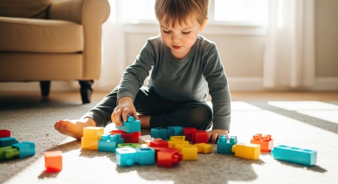 Young caucasian child playing with colorful building blocks on carpeted floor