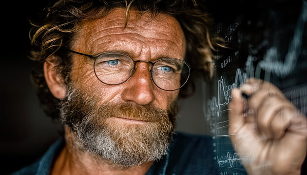 Executive with beard and glasses writes equations and graphs on transparent board seeking advanced solutions Generated with AI