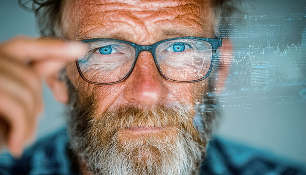 Elderly man with beard and glasses adjusts frame before floating data and digital charts. Generated with AI