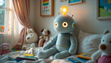 Cozy bedroom filled with plush toys and a glowing robot companion seated on a bed during the afternoon