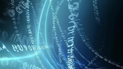 Abstract digital animation of binary code streams with glowing light trails on a dark blue background - Powered by Adobe