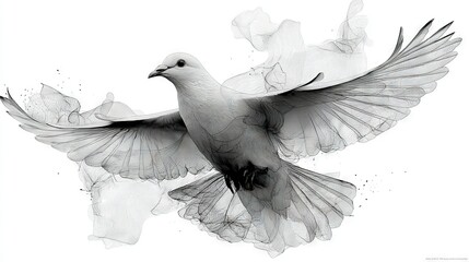  A monochrome image of a bird soaring with outstretched wings against a blank canvas