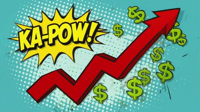 A comic-style arrow graph shooting upward with exploding $ signs at the tip, &ldquo;KA-POW!&rdquo; text bubble at the top, money growth animation loop