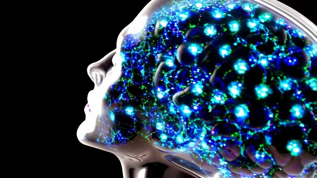 Brain with blue and green lights surrounding it. humanoid creature with transparent skull through which huge brain of intelligent being is visible. brain is surrounded by blue and green glow. close-up