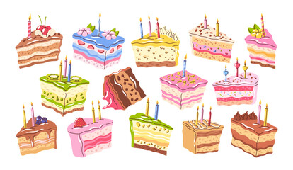 Birthday cake slices hand drawn sweet desserts variety assortment with candles and decoration
