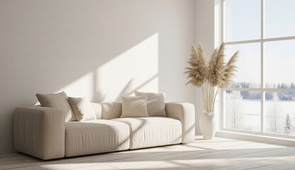 Beige sofa with cushions in bright room, large window showcasing snowy landscape, pampas grass in vase. Represents calmness, serenity, minimalist interior design