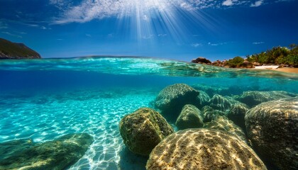 Fototapeta premium summer ocean scene crystal clear water sunlit rocks underwater photography tropical beach