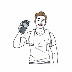 Young man smiling while holding a shaker after workout session  