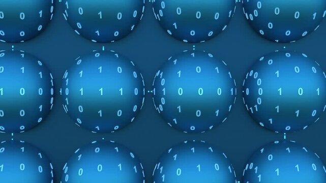 Abstract data concept, rotating sphers with binary code. Technology, computer, network, big data, research, science, algorithm. 3D animation