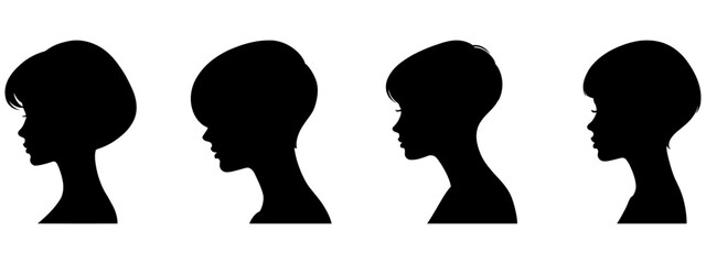 Short-haired women profiles modern hairstyles vector set for barber shops beauty tutorials and contemporary fashion branding