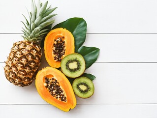 Tropical fruits pineapple papaya kiwi on wooden table background