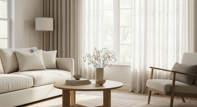 Beige sofa, armchair, and coffee table in a sunlit living room with sheer curtains, showcasing a calm, minimalist interior design ideal for home decor or lifestyle blogs