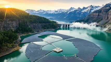 Aerial view of floating solar panels on a lake with mountain backdrop and dam at sunset, showcasing renewable energy and scenic landscape. - Powered by Adobe