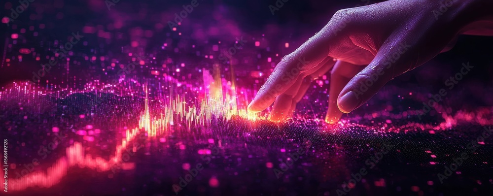 Poster hand interacting with glowing technology interface and data visualization