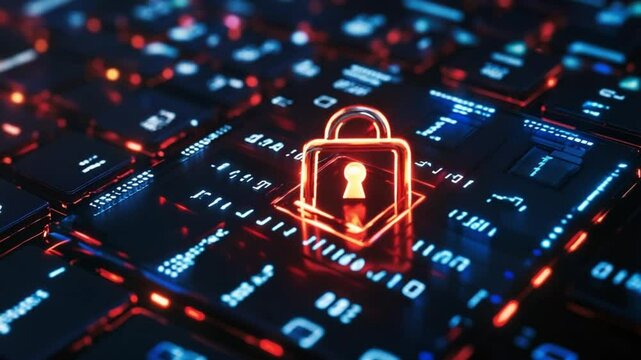 Cybersecurity concept featuring a glowing padlock on a futuristic circuit board
