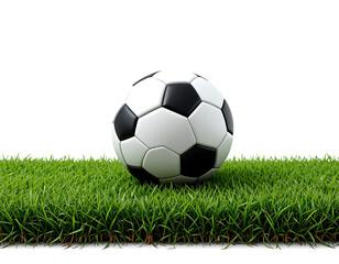 A soccer ball resting on a vibrant green grass field against a clean white background in a studio shot