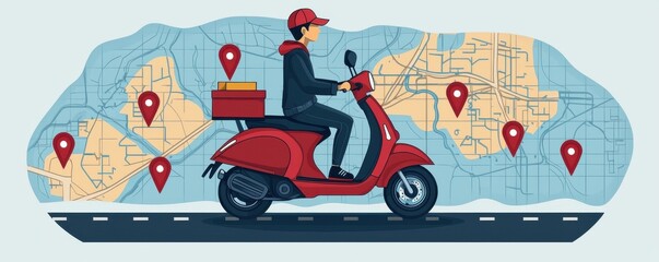 Delivery driver on scooter with city map and location markers illustration