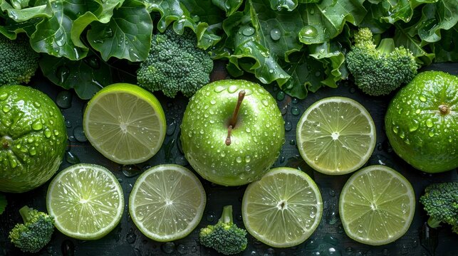Green bounty kale, broccoli, limes, and apple, all fresh with droplets