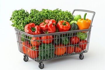 Shopping cart filled with fresh vegetables and fruits for a healthy diet