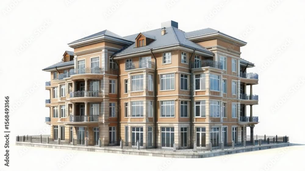 Poster A high-rise building with numerous windows and balconies, suitable for architecture, cityscape or urban planning projects