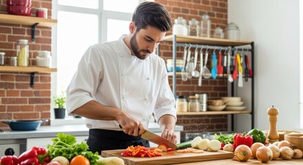 Young hispanic male chef preparing vegetables in rustic kitchen