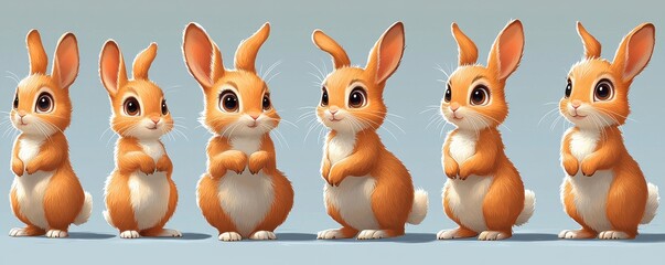 Cartoon-style illustration featuring multiple adorable brown rabbits in playful poses