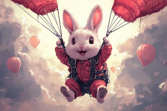 Cute cartoon rabbit parachuting happily among clouds and hot air balloons