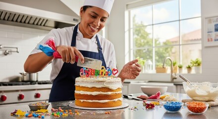 Hispanic female baker decorating colorful cake in sunlit kitchen