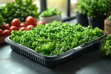 Fresh packaged lettuce leaves in sunlight on a kitchen wooden surface
