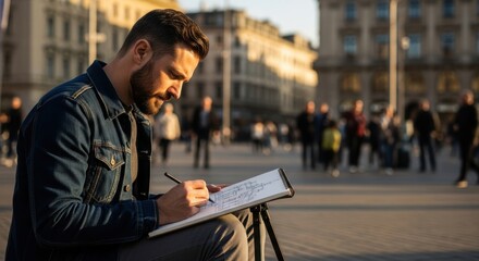 Young caucasian male artist sketching urban scene at sunset in city square