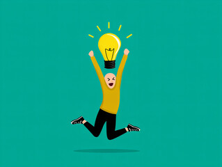 Joyful person jumping with excitement holding a light bulb above their head in a vibrant setting