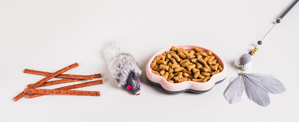 Bowl with cat food and treats and toys on the table web banner
