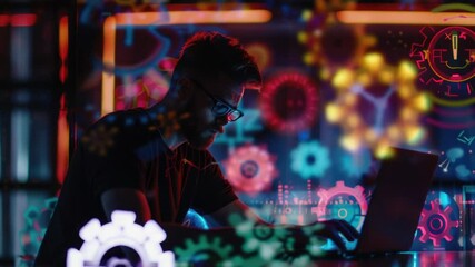 A person working on their computer with a focused expression