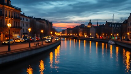 Fototapeta premium Evening cityscape with streetlights reflecting on a tranquil canal, creating an impressionistic urban glow.
