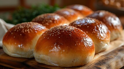 Freshly baked, glazed, golden buns with sesame seeds on a wooden board