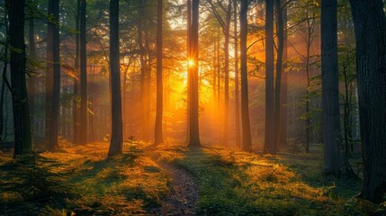 Obraz premium Sunny forest path. Sunbeams pierce tall trees, illuminating green ground cover. Soft focus, ethereal vibe