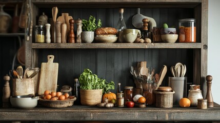 Old wood stand for showing off food items and cooking stuff.
