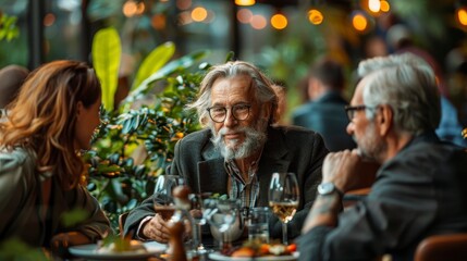 Three people engaged in a restaurant conversation