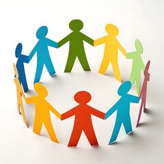 Colorful paper people holding hands in a circle representing unity and teamwork
