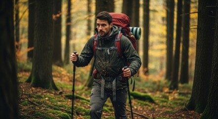Naklejka premium Young caucasian male hiking in forest with backpack and trekking poles during autumn day