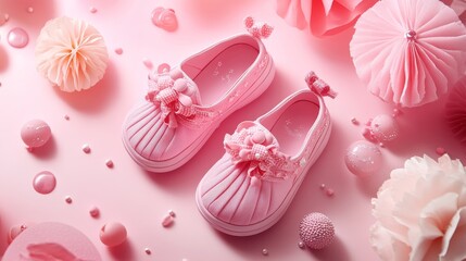 Pink baby shoes with decorations. Perfect for a baby girl's shower, birthday invite, or greeting card.