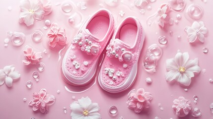 Pink baby shoes with decorations. Perfect for a baby girl's shower, birthday invite, or greeting card.