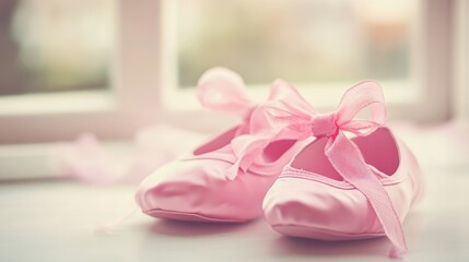 Pink ballet shoes tied with a bow.
