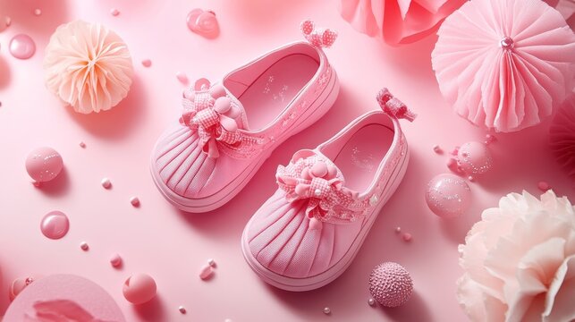 Pink baby shoes with decorations. Perfect for a baby girl's shower, birthday invite, or greeting card.
