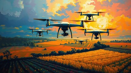 Drones Over Golden Fields Sunrise.