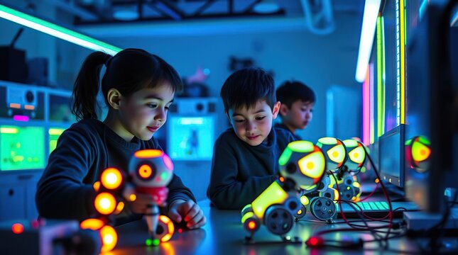 Children build glowing robots in lab.
