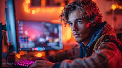 Focused teenager plays a vibrant video game at night