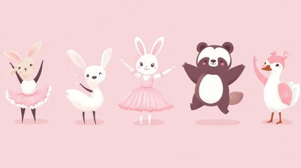 Simple, flat pictures of cute animals doing ballet. There are rabbits, sheep, bears, swans, sloths, birds, cubs, and foxes wearing pink ballet outfits.
