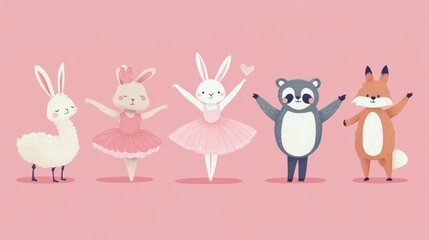 Simple, flat pictures of cute animals doing ballet. There are rabbits, sheep, bears, swans, sloths, birds, cubs, and foxes wearing pink ballet outfits.
